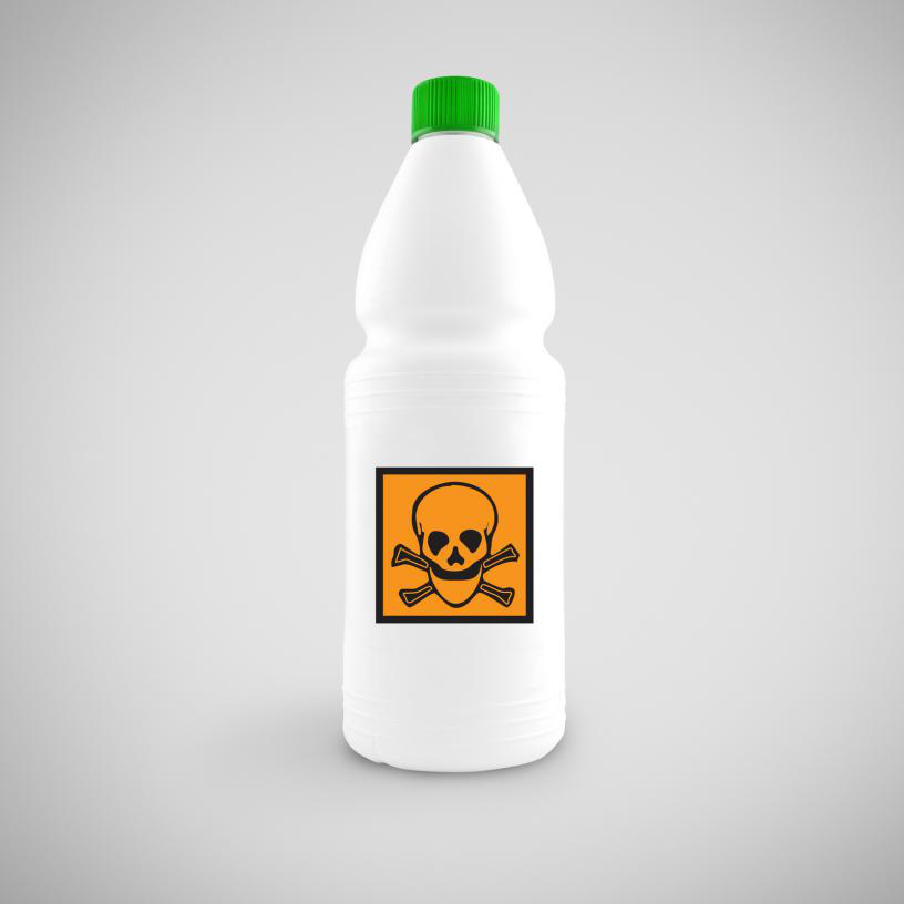 A bottle of chemical cleaner for the toilet with a hazard symbol for toxic material.